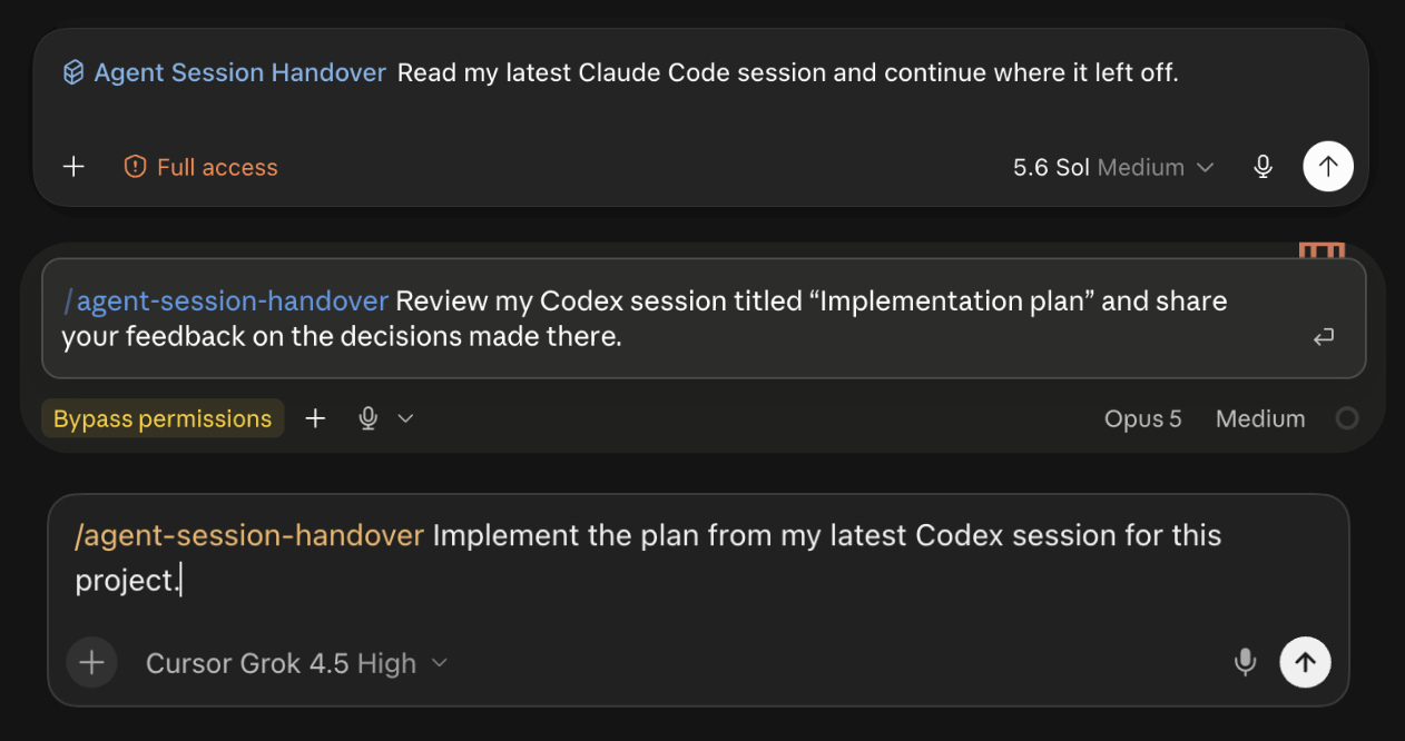 Agent Session Handover examples in Codex, Claude Code, and Cursor