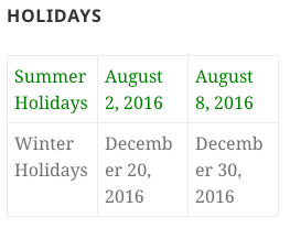 Holidays Widget in table view