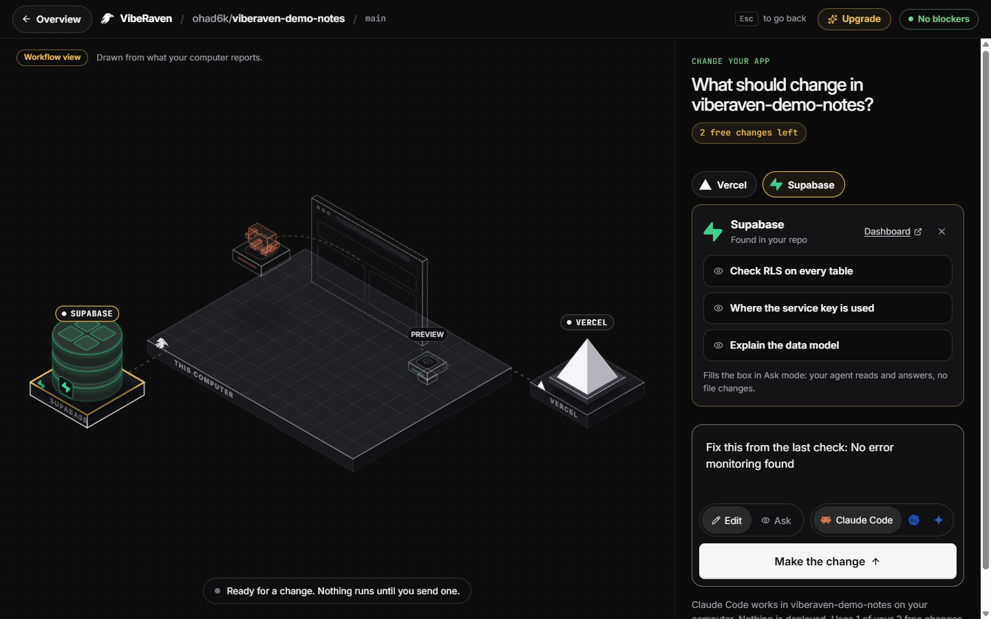 The VibeRaven Studio: the app's providers on the board, one-click starting actions, and the change box with Claude Code