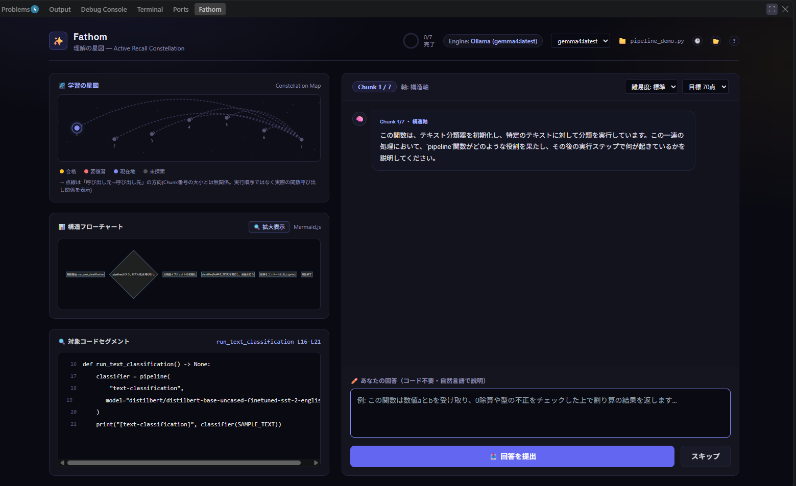 Fathomのパネル画面 — 学習の星図(コンステレーションマップ)、Mermaid構造フローチャート、Chunk単位の質問と再回答ガイド