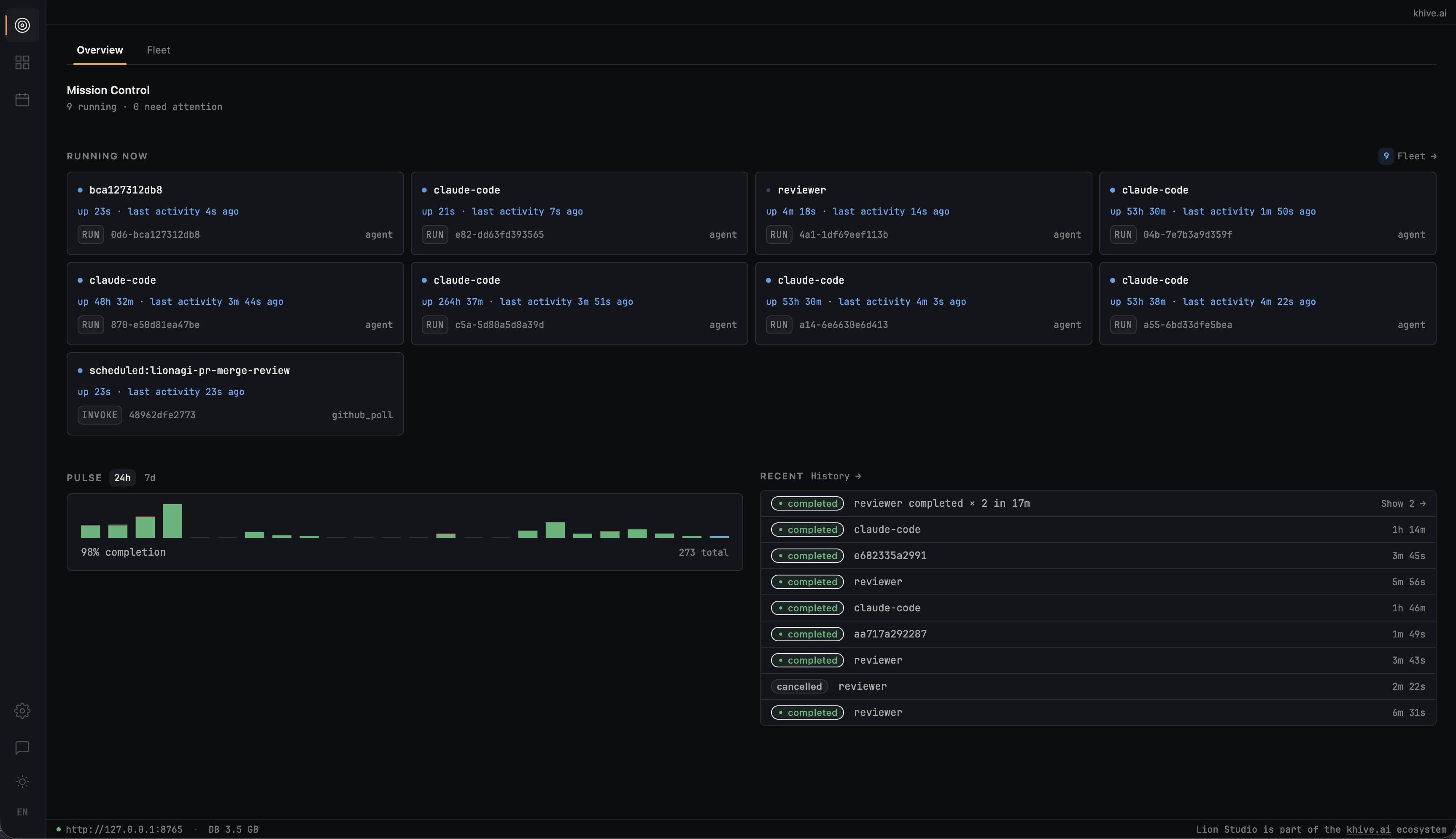 Lion Studio — Mission Control: live agents, completion pulse, and run history