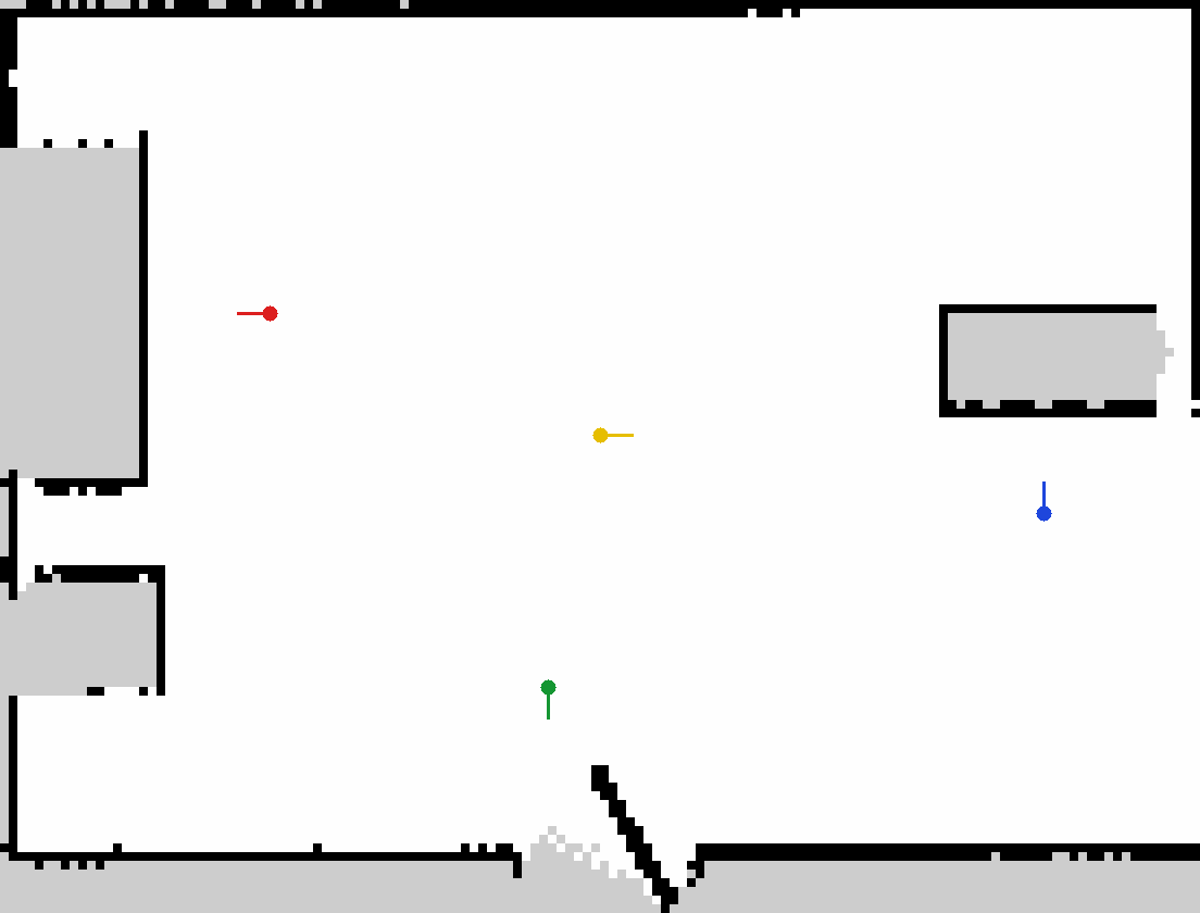 Saved apartment map with the start pose (yellow), kitchen (red), desk (blue), and door (green)