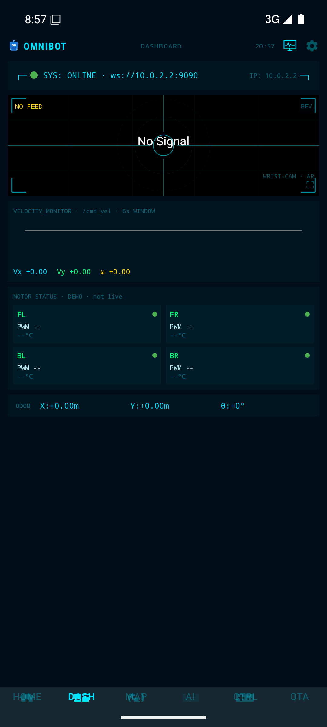Dashboard on an emulator: NO FEED, motor tiles labelled demo
