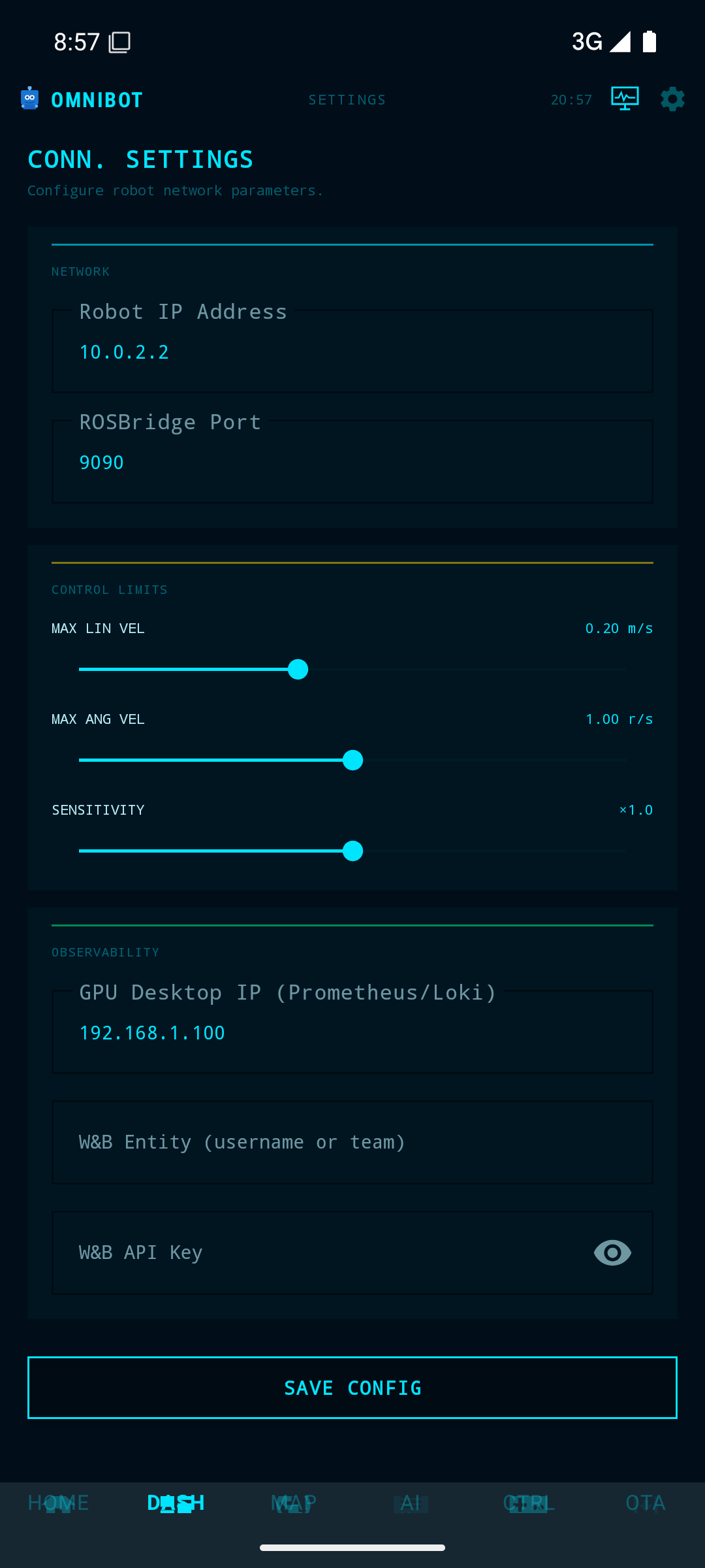 Settings on an emulator: robot IP 10.0.2.2 and ROSBridge port 9090
