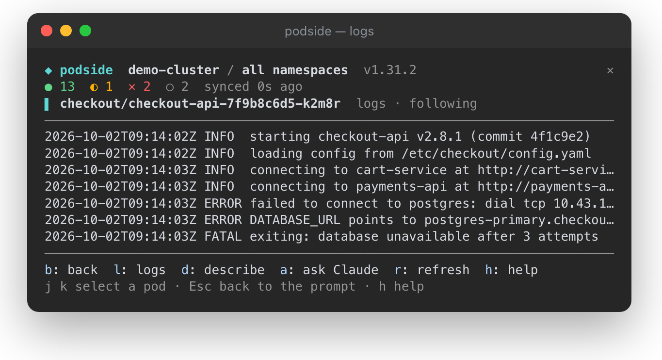 The logs view of a crash-looping pod, ending in a fatal database error