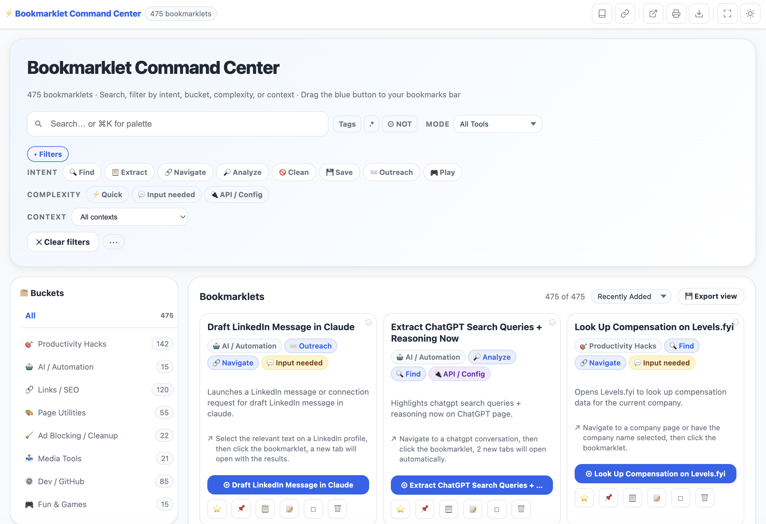 Bookmarklet Command Center showing searchable bookmarklets, filters, buckets, and launch cards