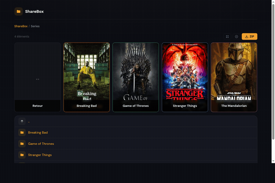 ShareBox Netflix-style grid view with TMDB posters, series and movie navigation