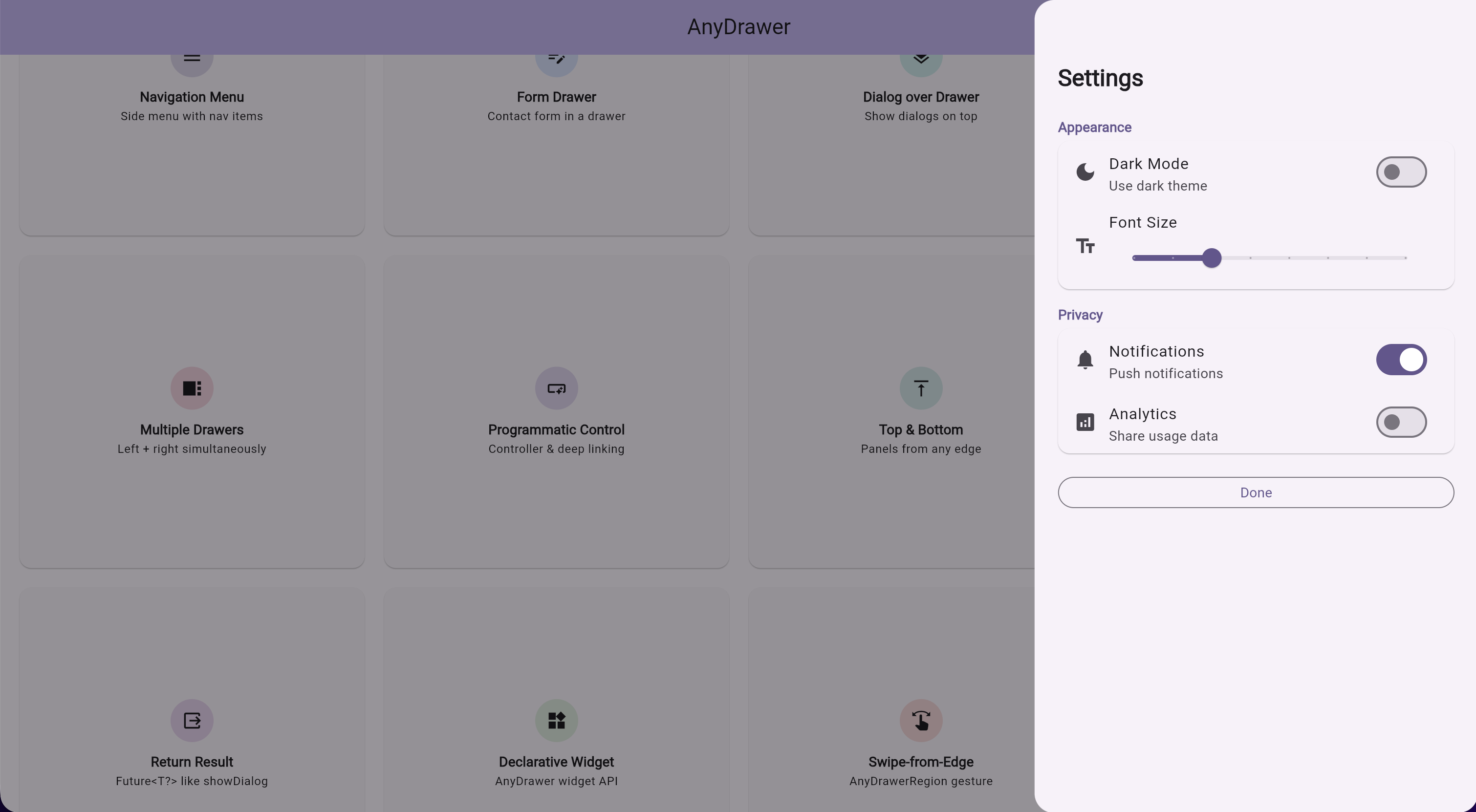 Web example with settings drawer