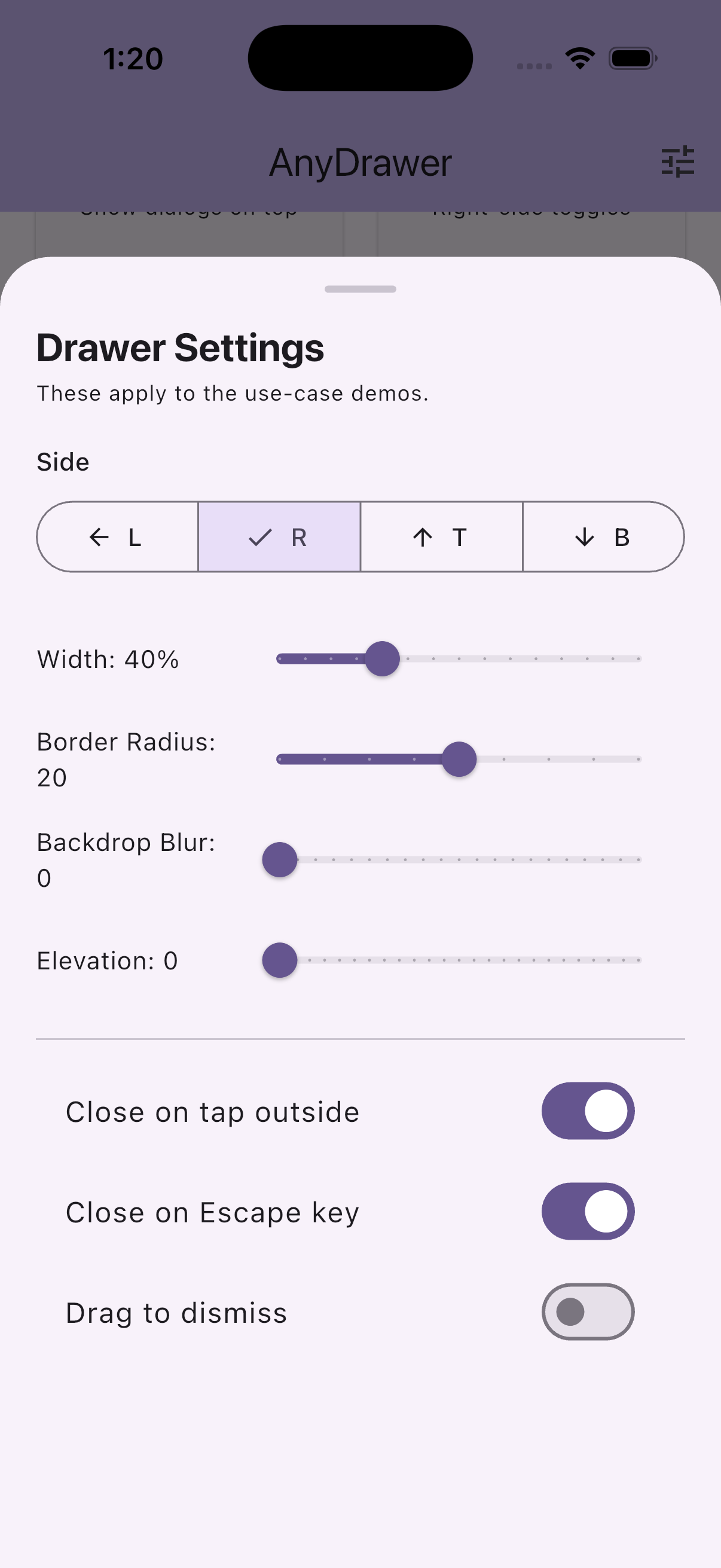 Drawer settings panel