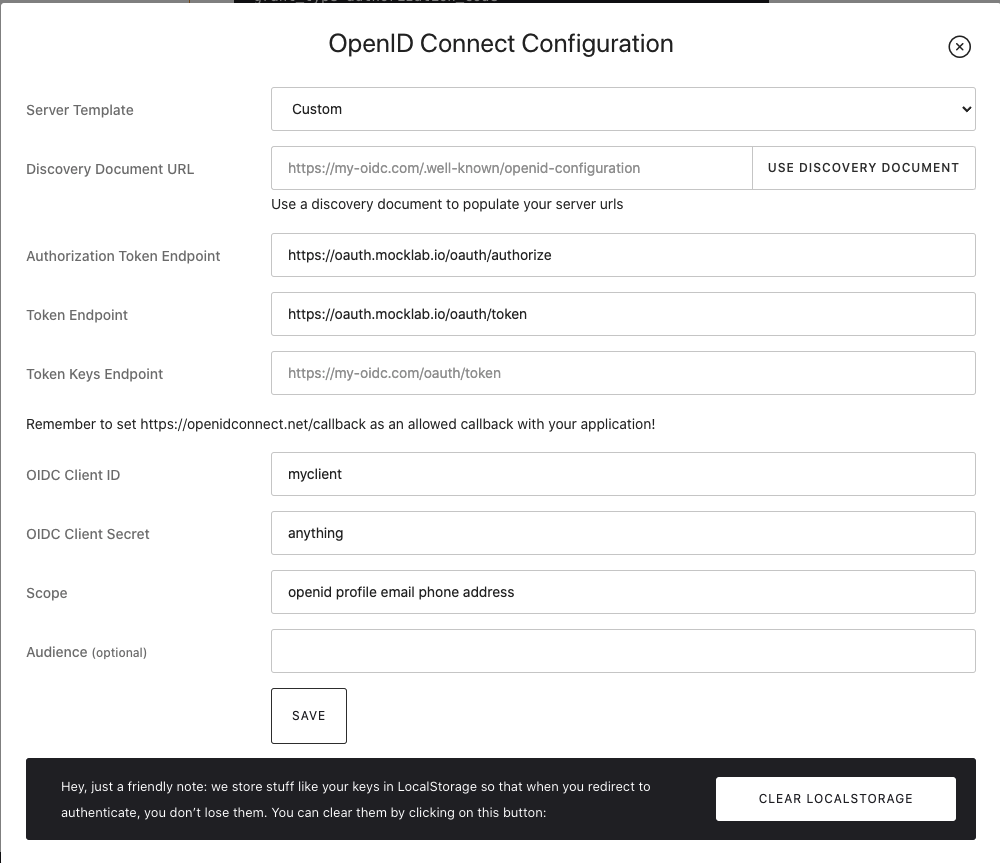 OIDC Playground Configuration with Mock