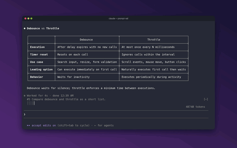 prompt-rail demo: hovering the rail previews a prompt and its turn, clicking jumps the transcript to it