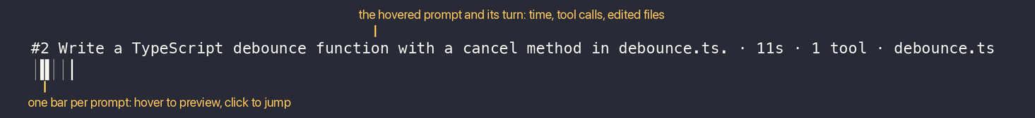 The horizontal rail: a text line with the hovered prompt and its turn summary over a row of bars