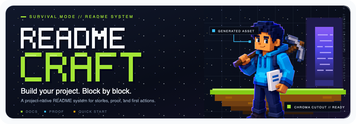 Block World hybrid README hero combining pixel-style SVG composition with an AI-generated builder character cutout.