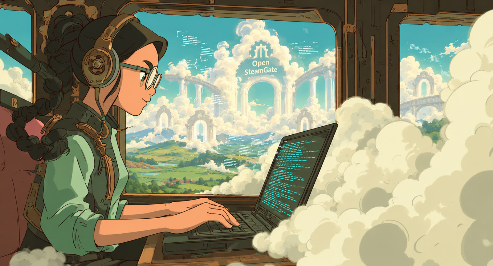 Open SteamGate: a developer in a steampunk airship cabin, the gateway's arches in the clouds outside
