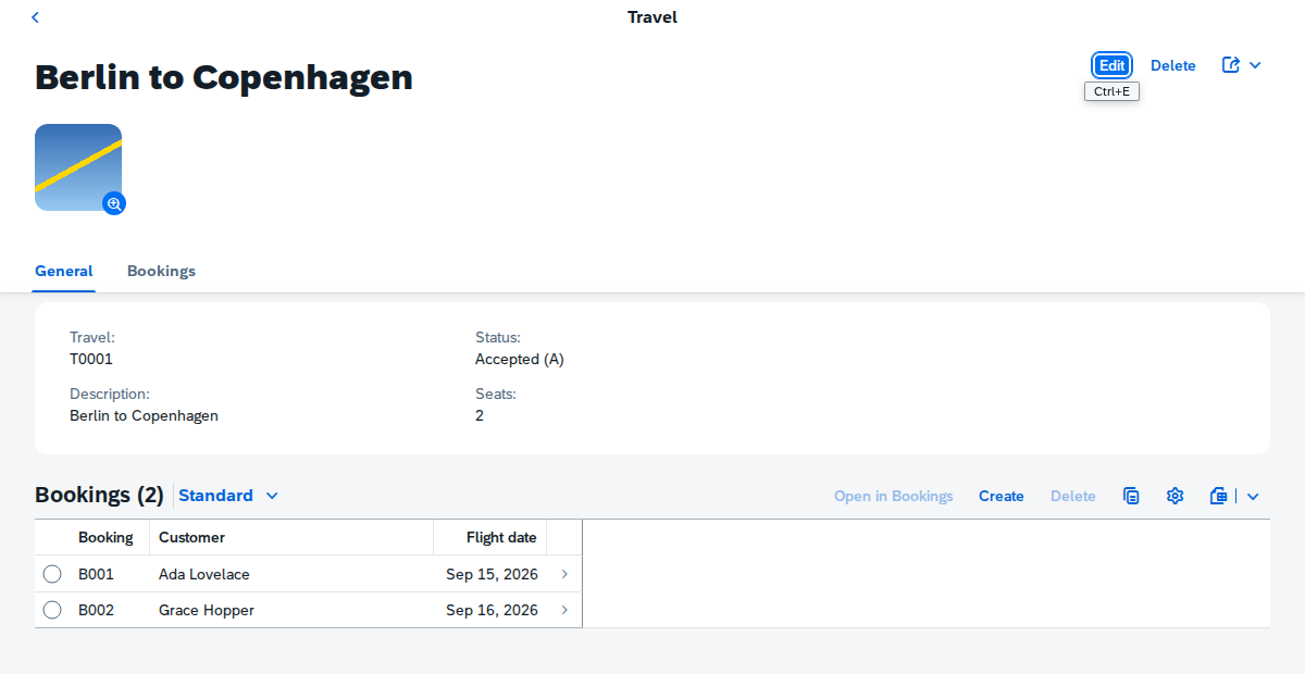 Object page with the travel's picture and its bookings