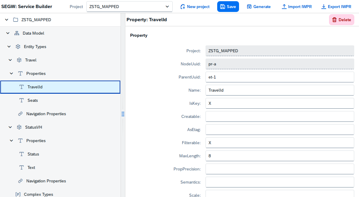 The SEGW project tree as a Fiori app