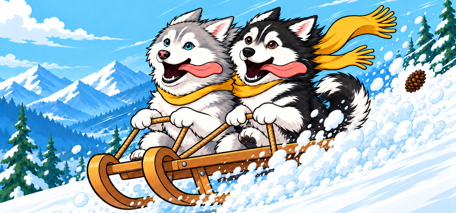 Momo and Kaya riding a sled downhill, tongues out