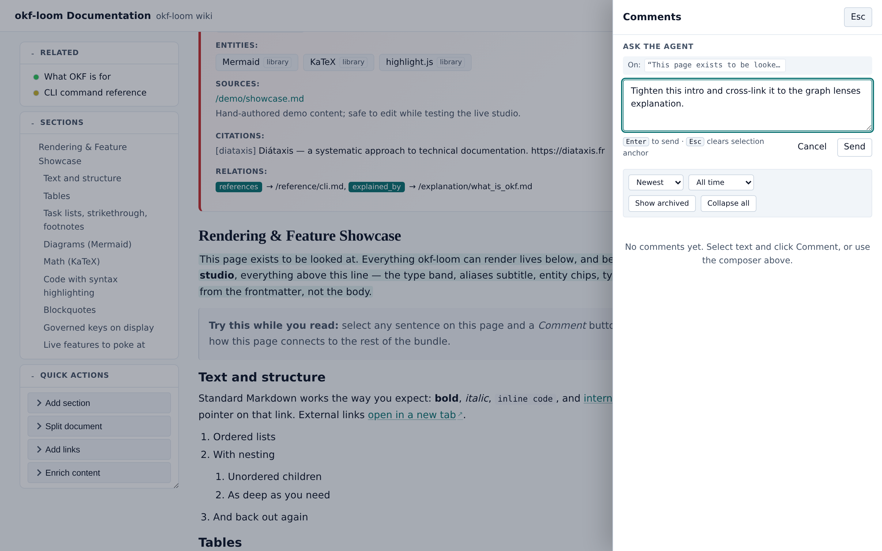 The comment composer opened from a text selection, with the selected sentence as the anchor and an instruction typed for the agent