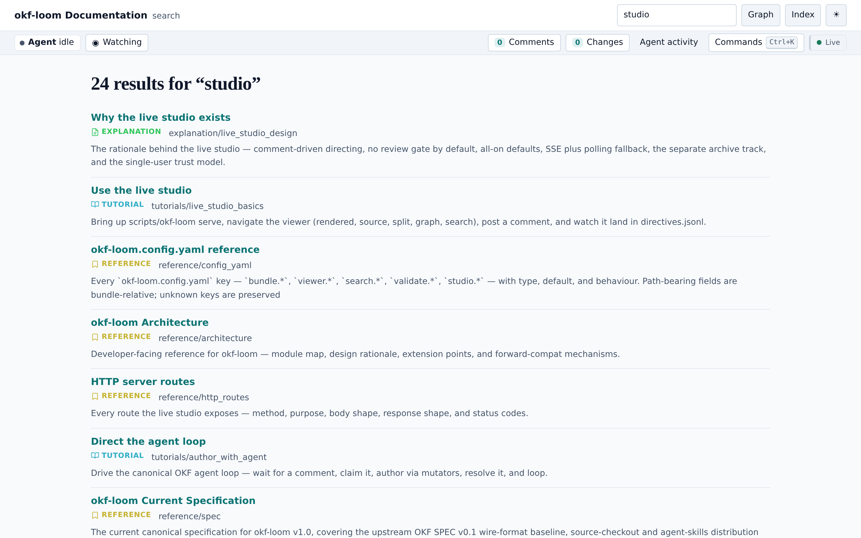 Search results for “studio” showing typed, described results with their bundle paths