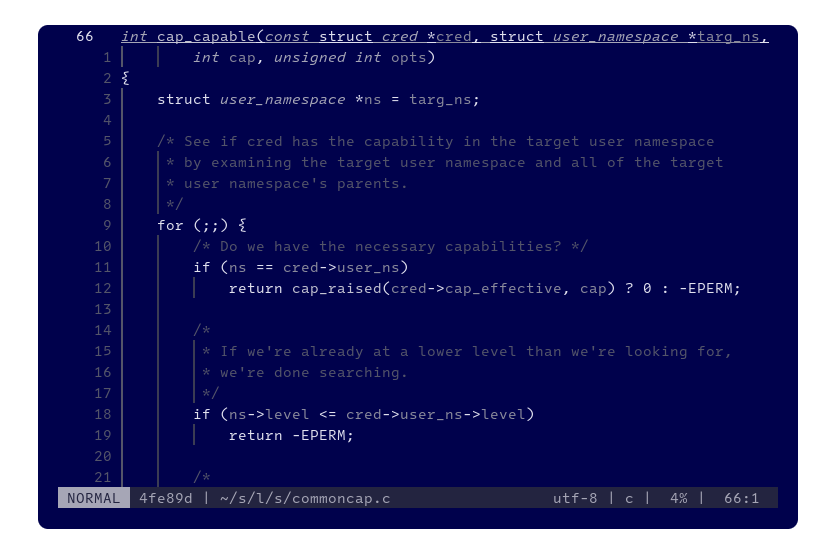 Linux kernel source code relating to capability checks in Blue Screen colors