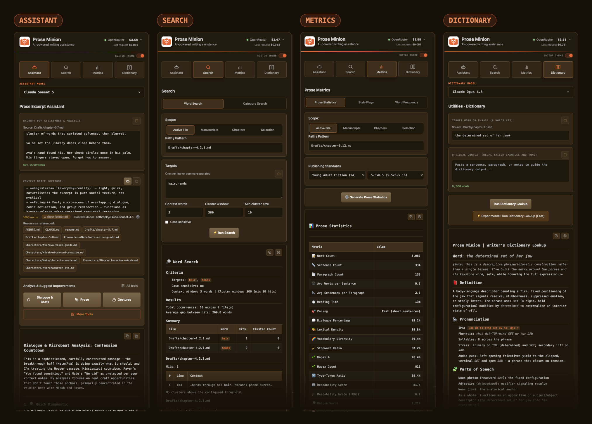 The four Prose Minion tools side by side: Assistant, Search, Metrics, and Dictionary