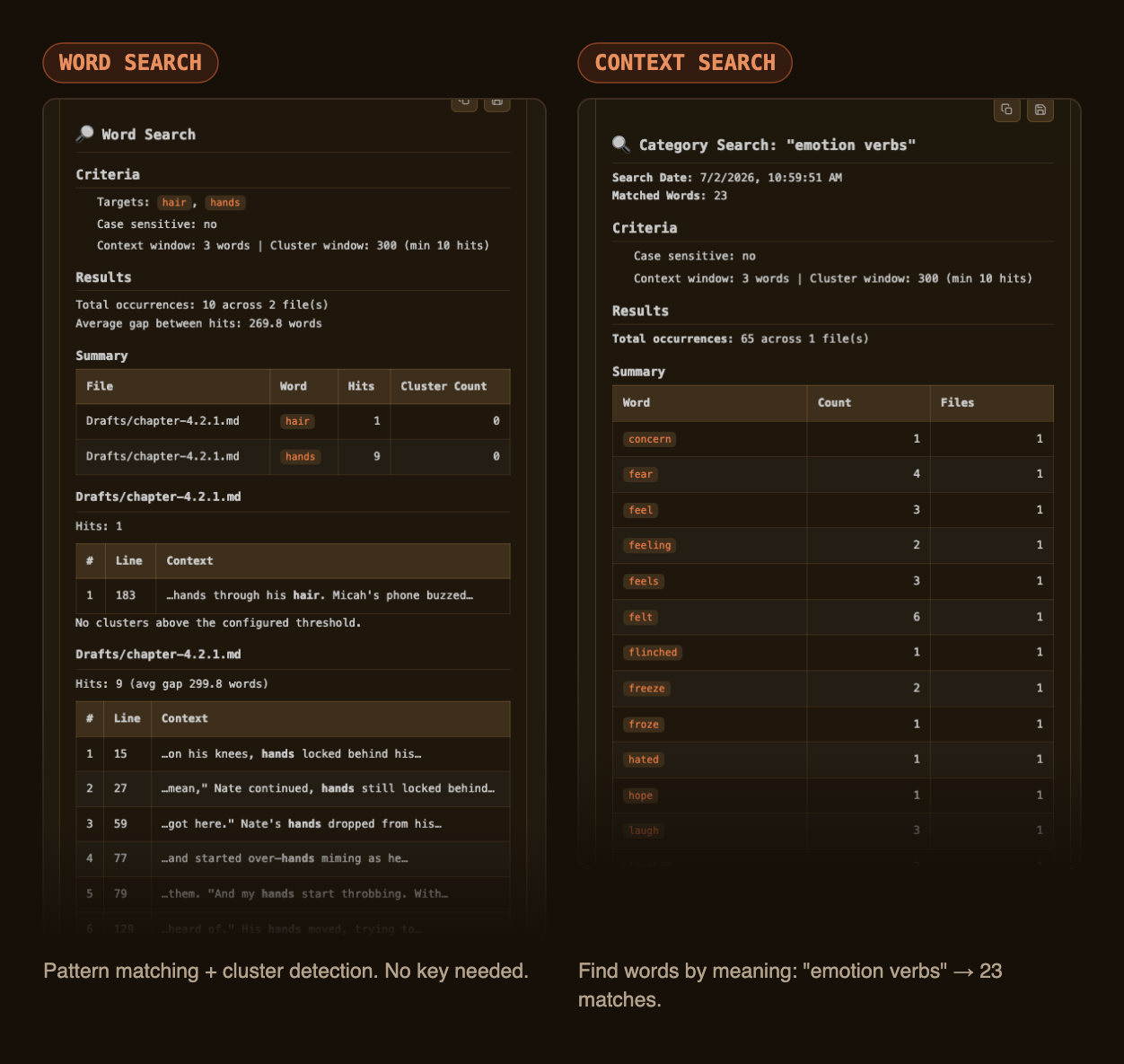Word Search results with per-line context next to a Context Search for emotion verbs