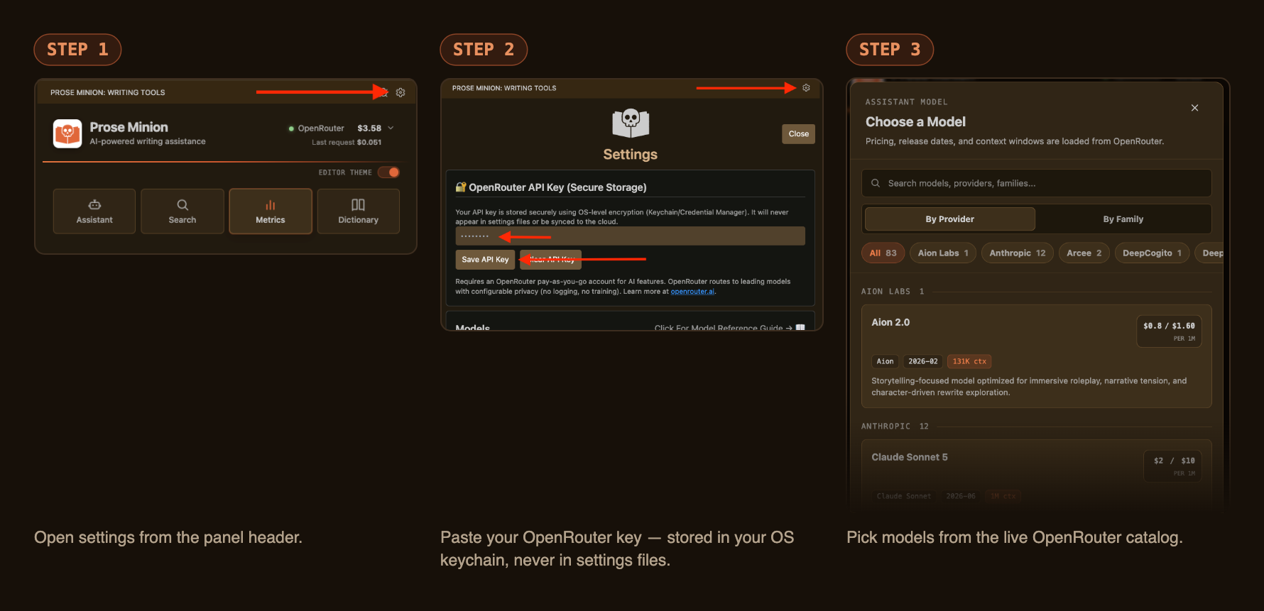 Three setup steps: open settings, paste your OpenRouter key, pick models from the live catalog