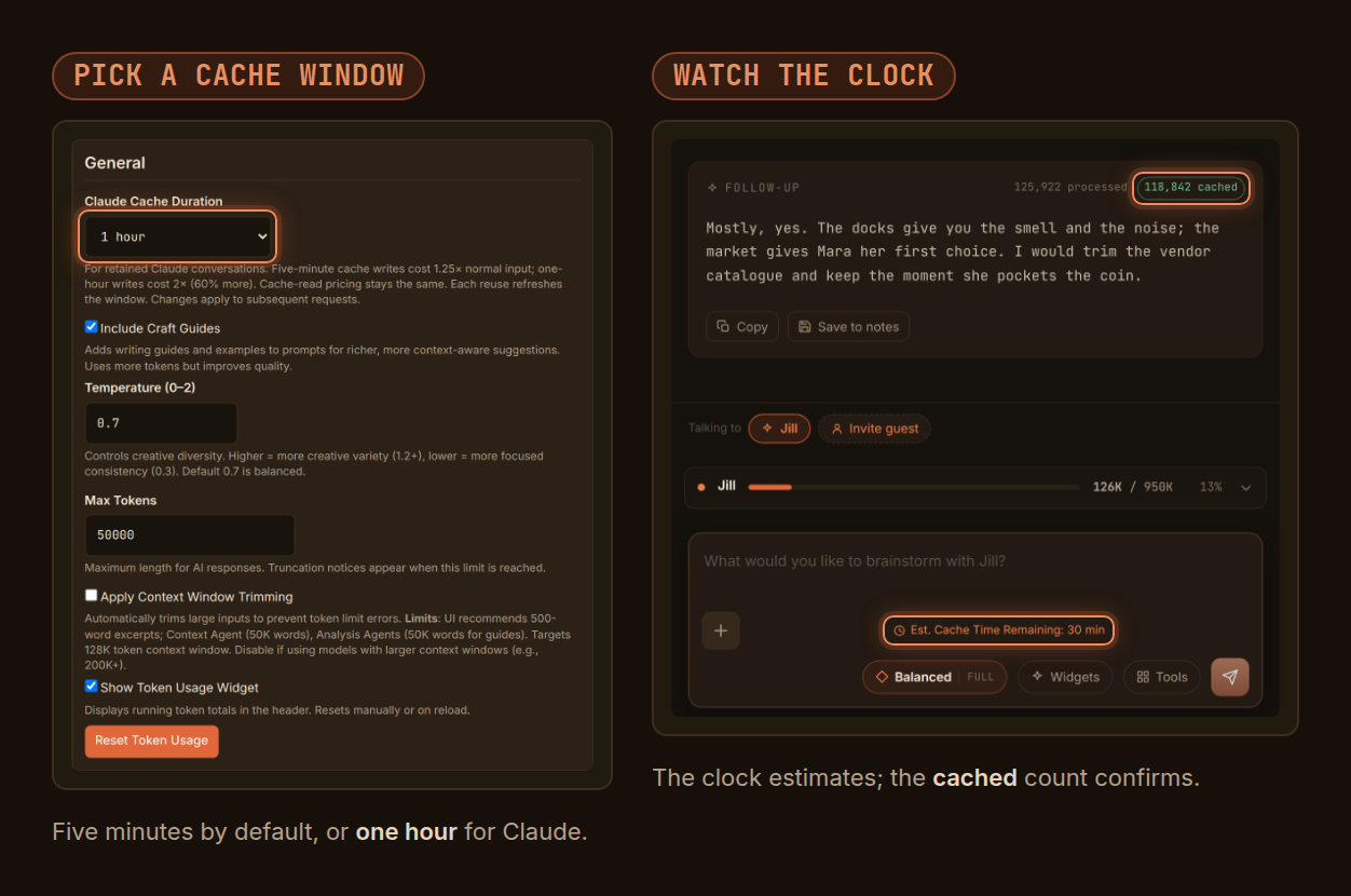 Left: General settings with Claude Cache Duration set to 1 hour. Right: a Workshop reply showing 118,842 cached tokens, the context bar at 126K of 950K, and the composer clock reading Est. Cache Time Remaining: 30 min