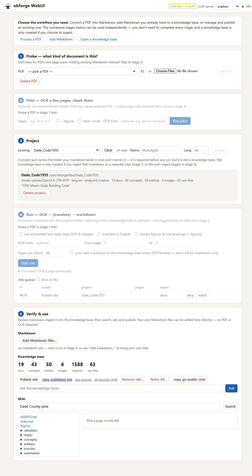 okforge-webui with the Dade County Building Code (1935) knowledgebase loaded: the five workflow stages, job queue, KB stats, and wikibrowser