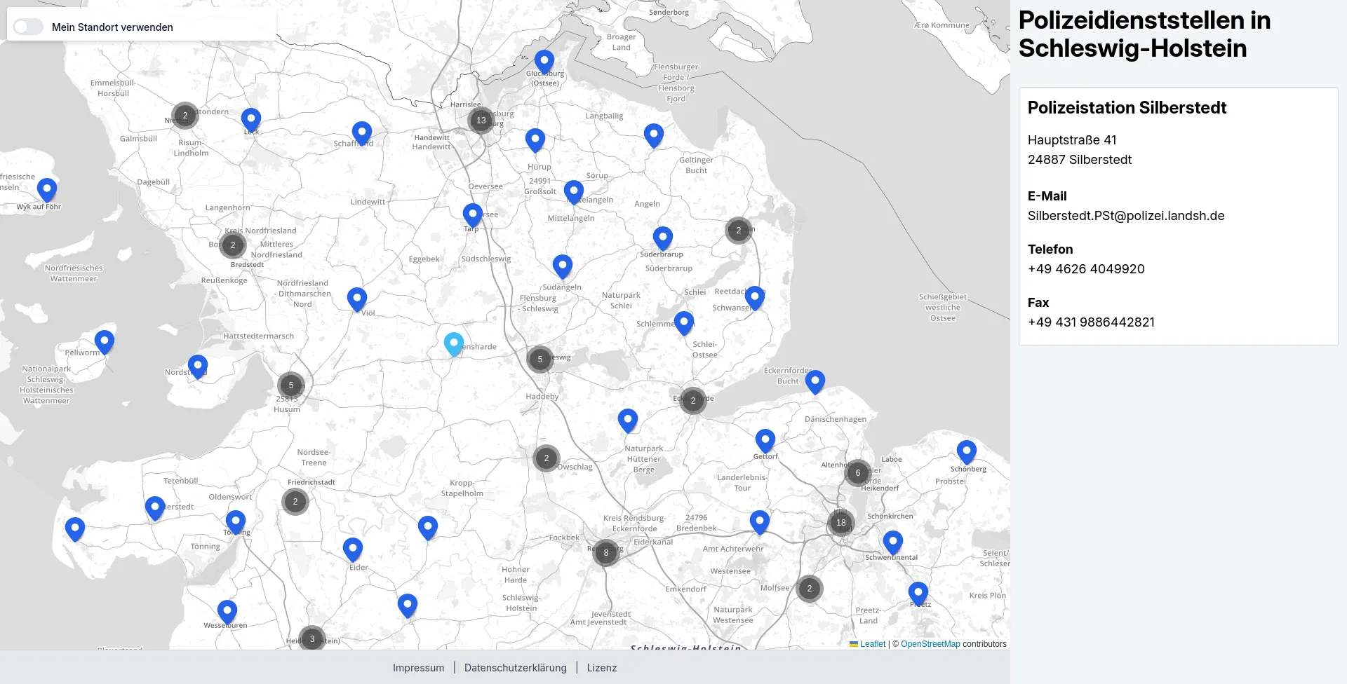 Screenshot Karte der Polizeidienststellen in Schleswig-Holstein