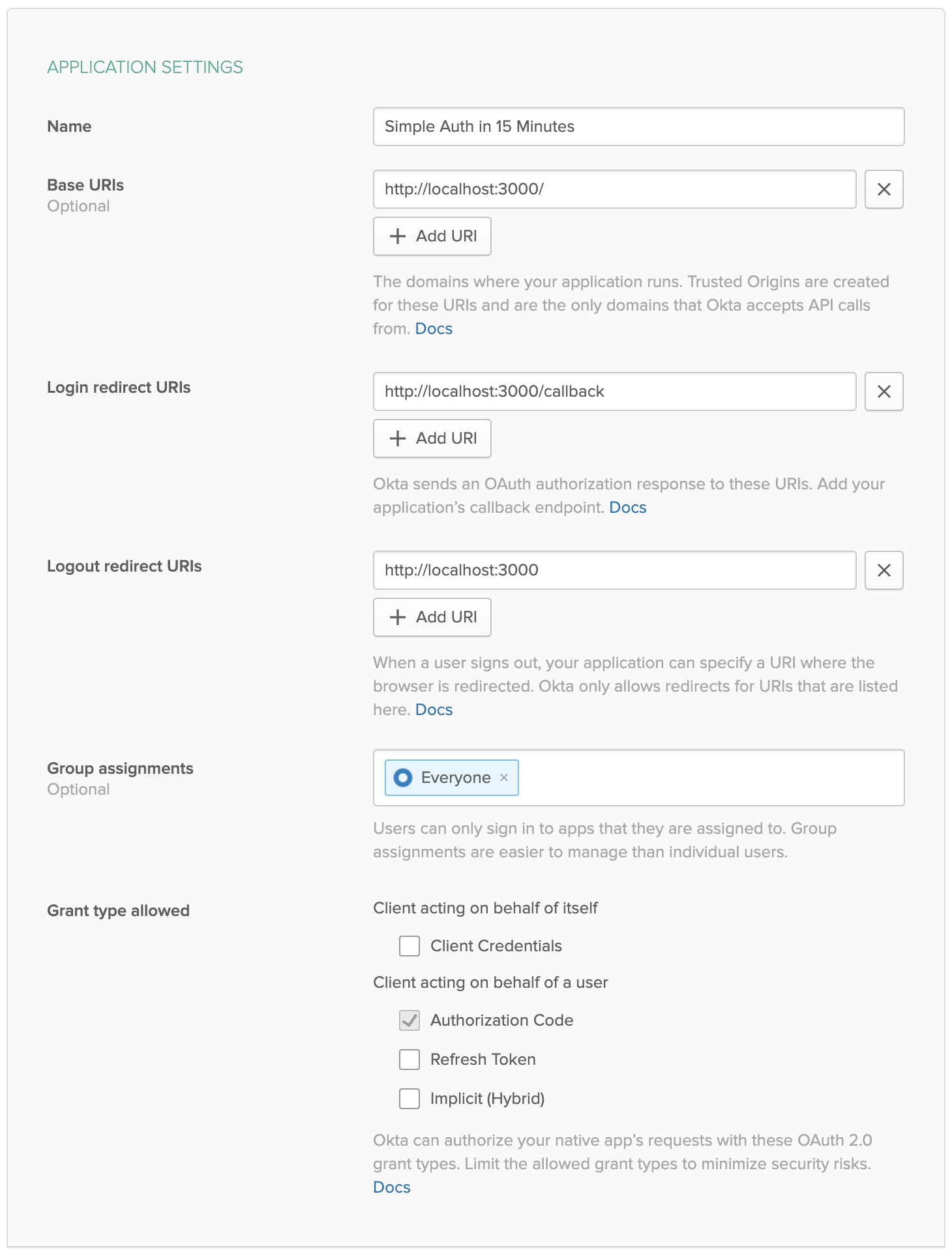 Okta Application Settings