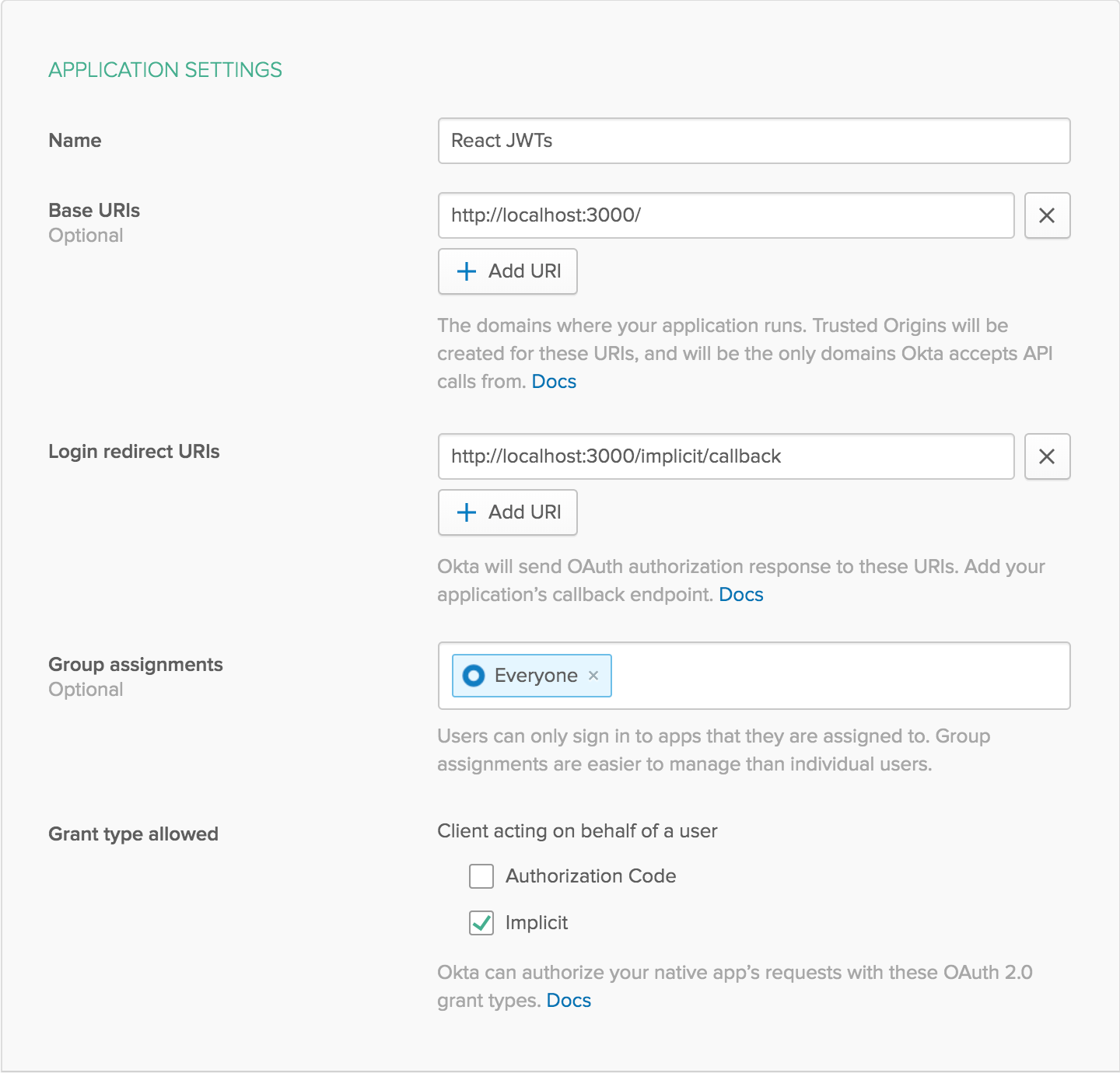 Okta Application Settings