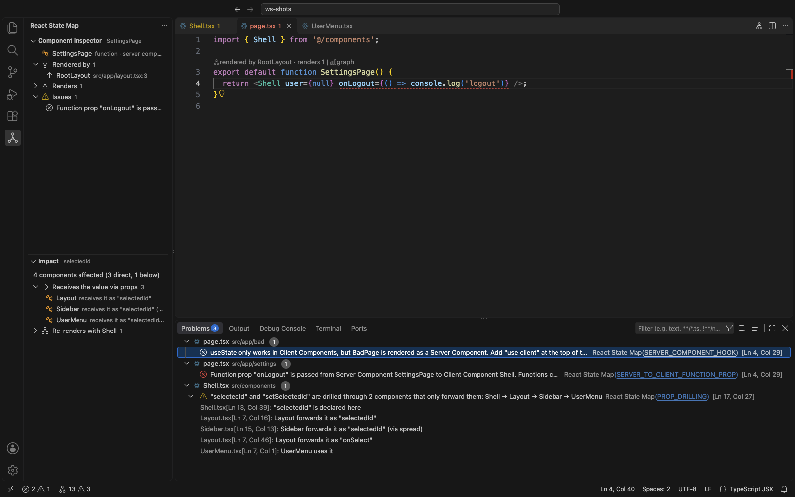 Server Component errors in the Problems panel