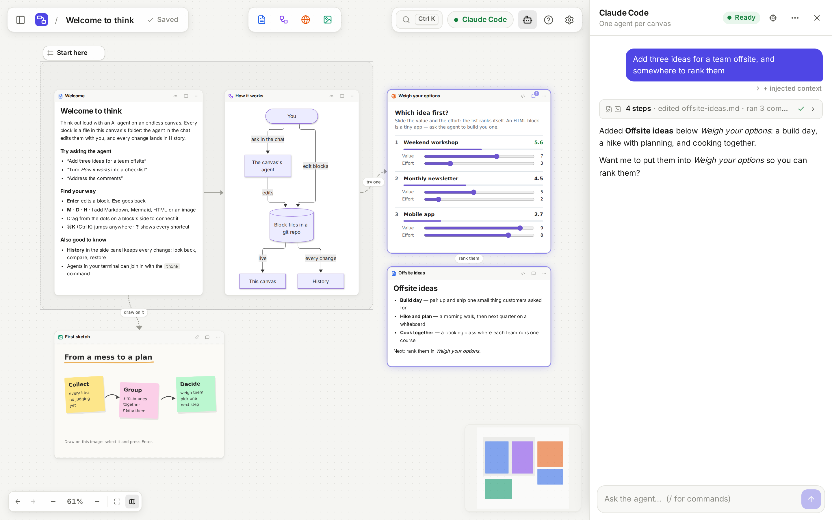 A think canvas: blocks linked on a board, with the agent's chat beside it