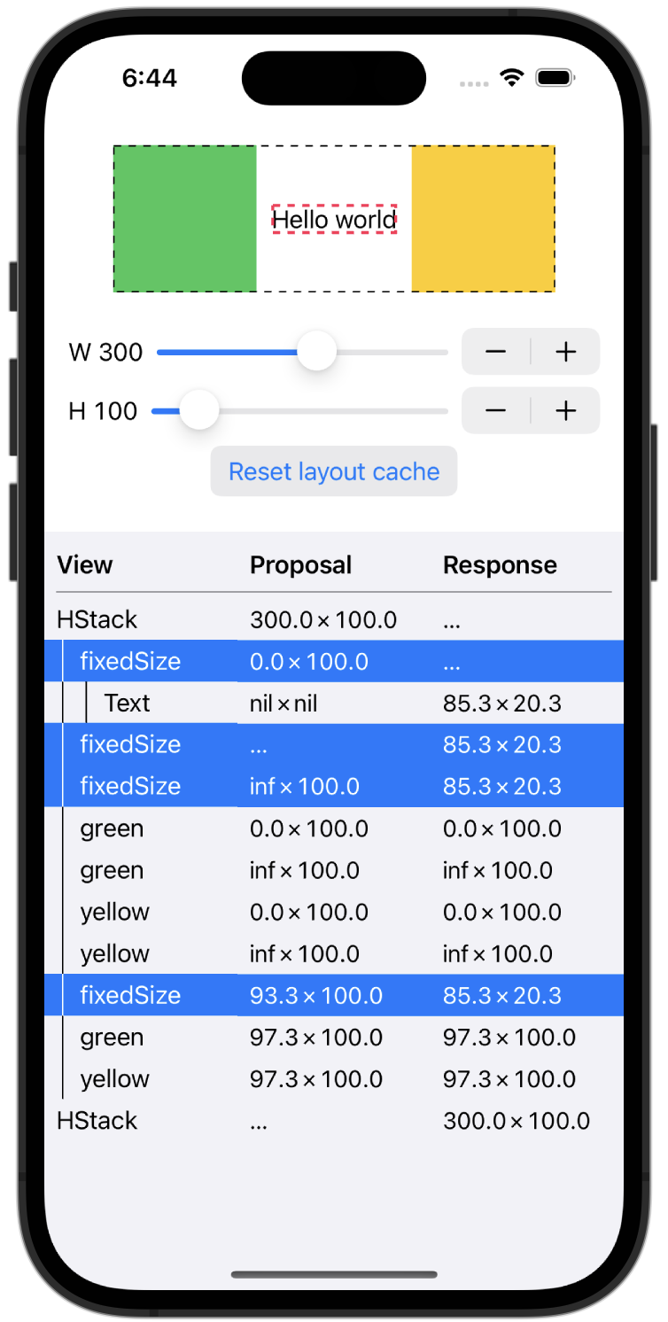 Layout Inspector screenshot on iPhone simulator