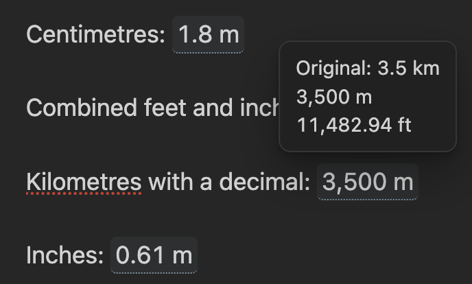 Length conversions with alternate values shown on hover