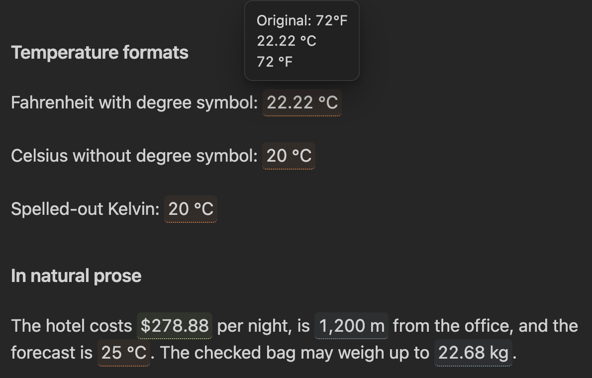 Temperature, currency, length, and mass conversions in natural prose