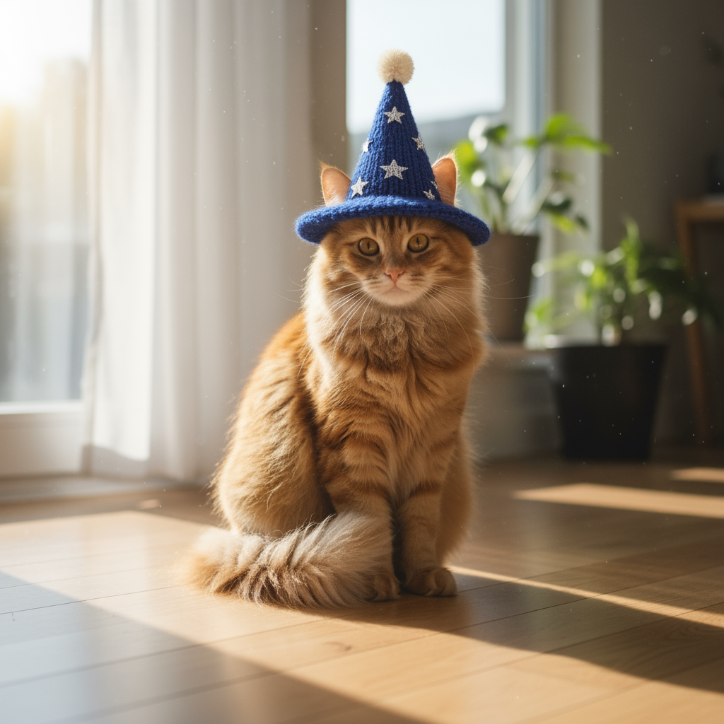 fluffy ginger cat with hat