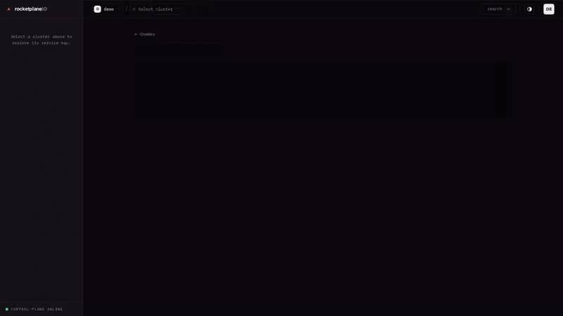 rocketplaneIO walkthrough: connect a cluster and the live service map draws itself in, then an external AI agent opens a transaction over MCP, acts on the cluster, a human approves the hard part — and one click rolls everything back