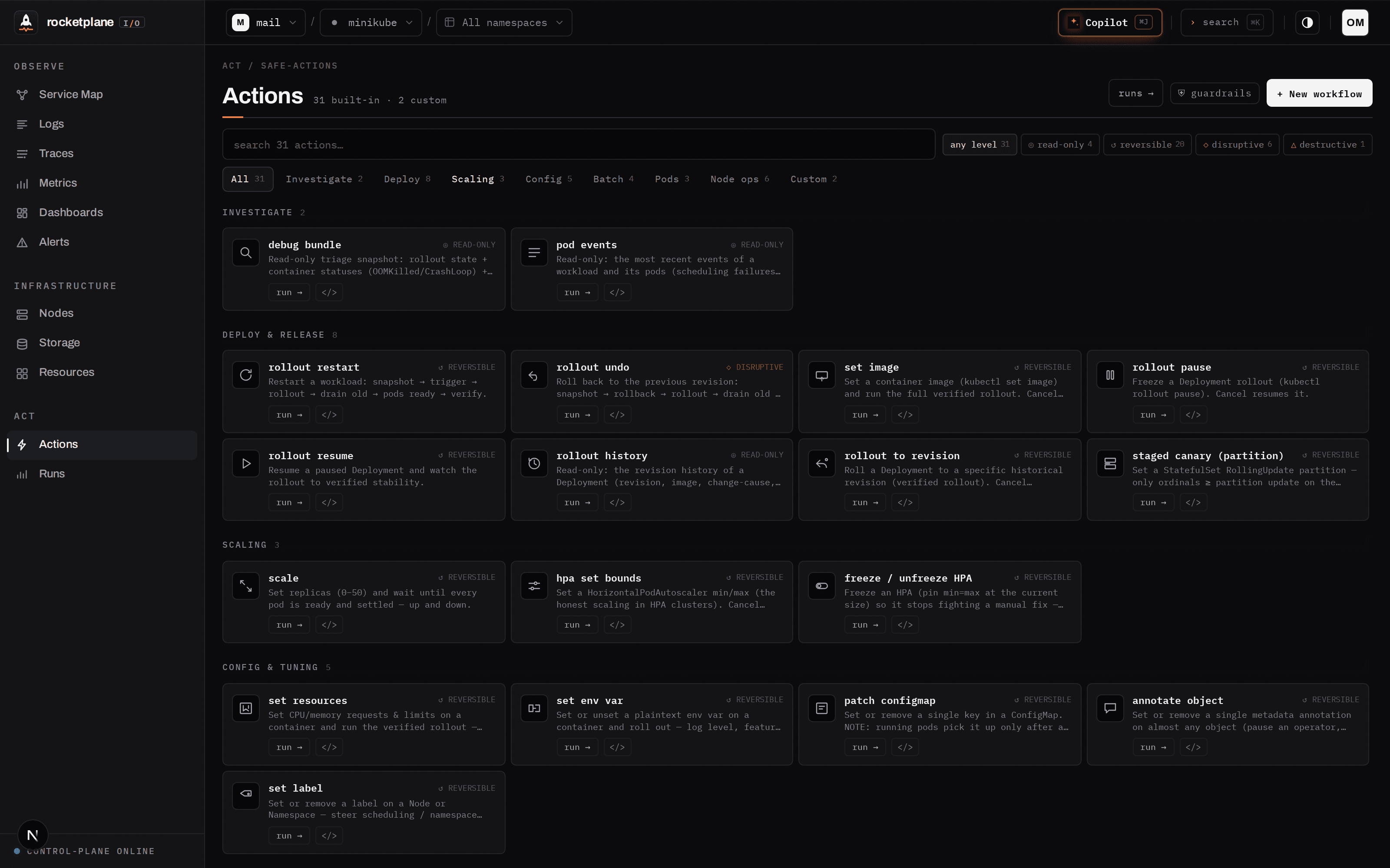 Actions catalog, grouped by category with risk levels