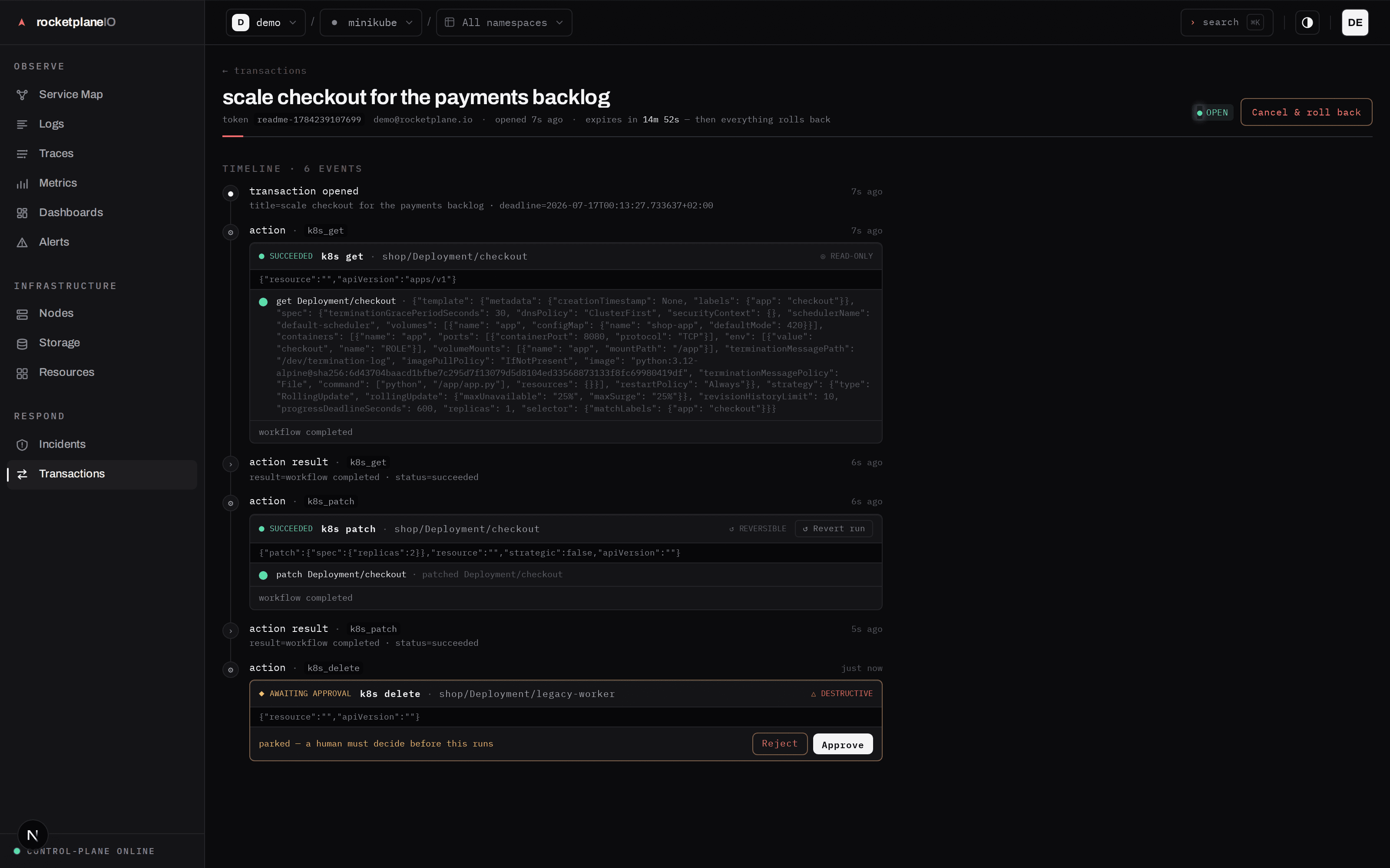 A parked destructive operation waiting for human approval inside a transaction