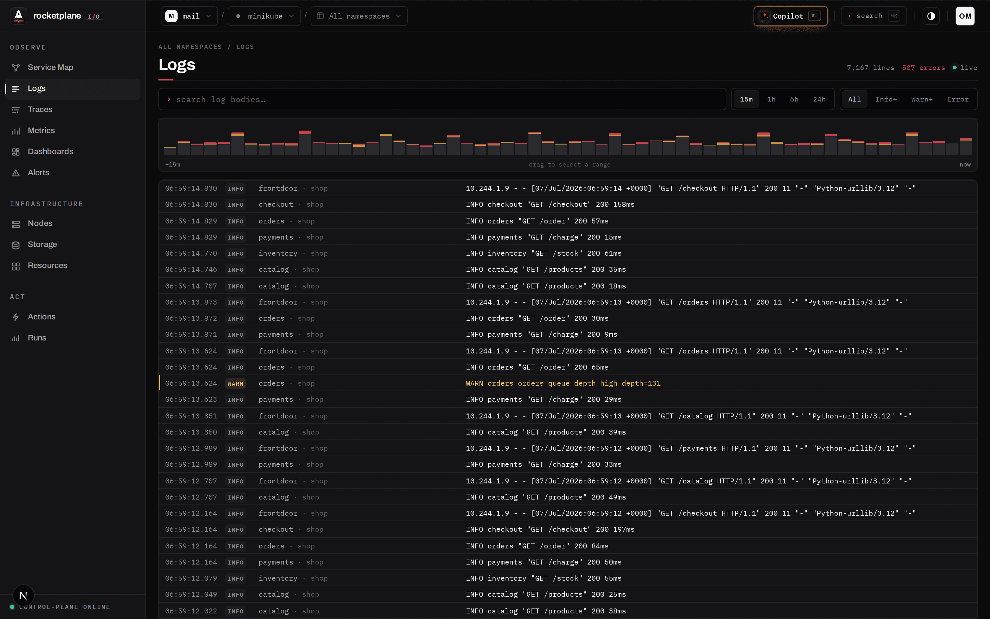 Log stream with severity histogram