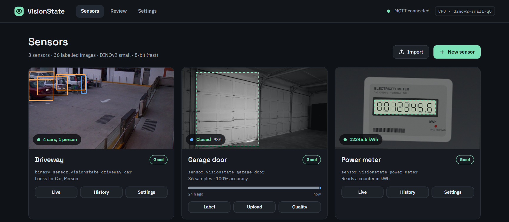 VisionState dashboard with a garage door, a driveway and a power meter sensor