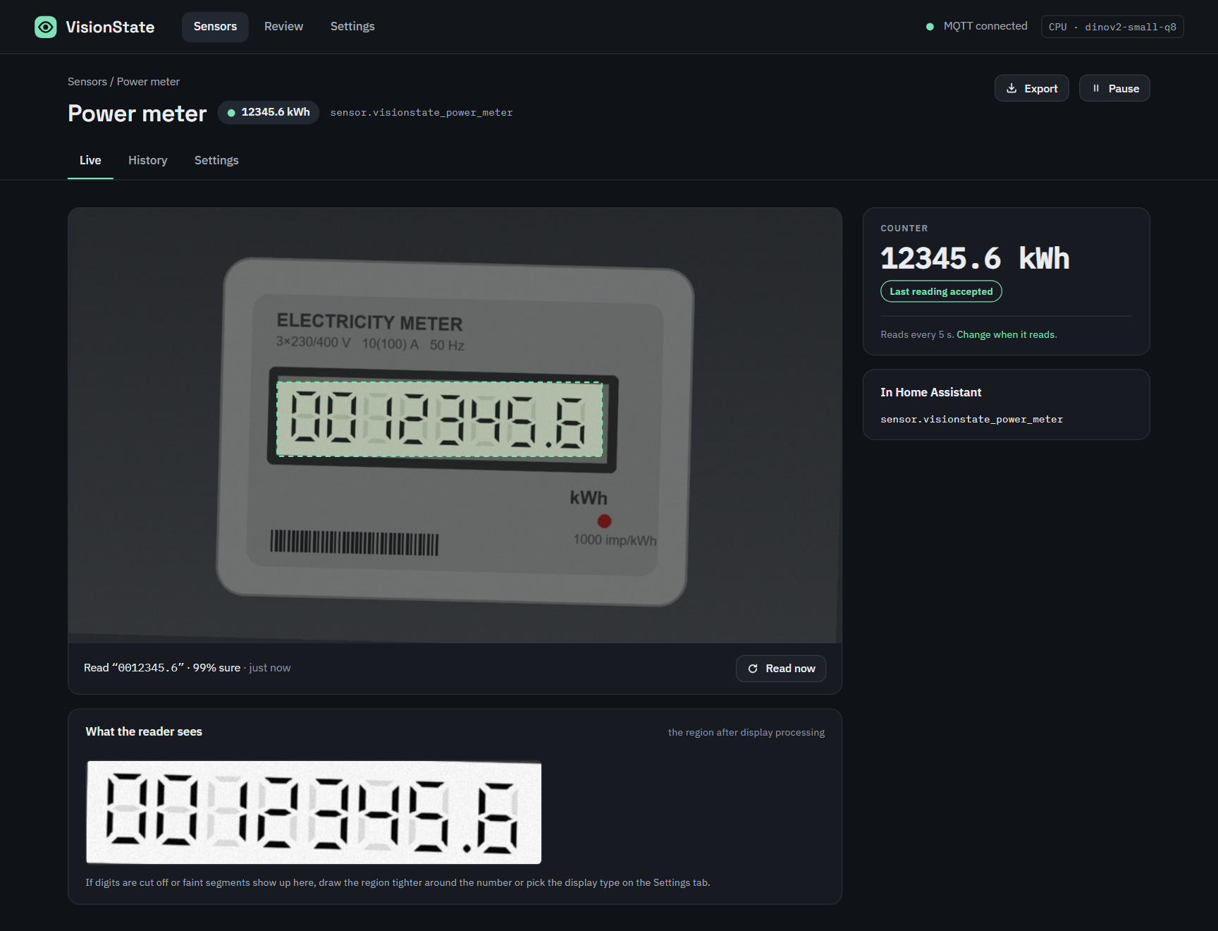 A reading sensor reading a power meter