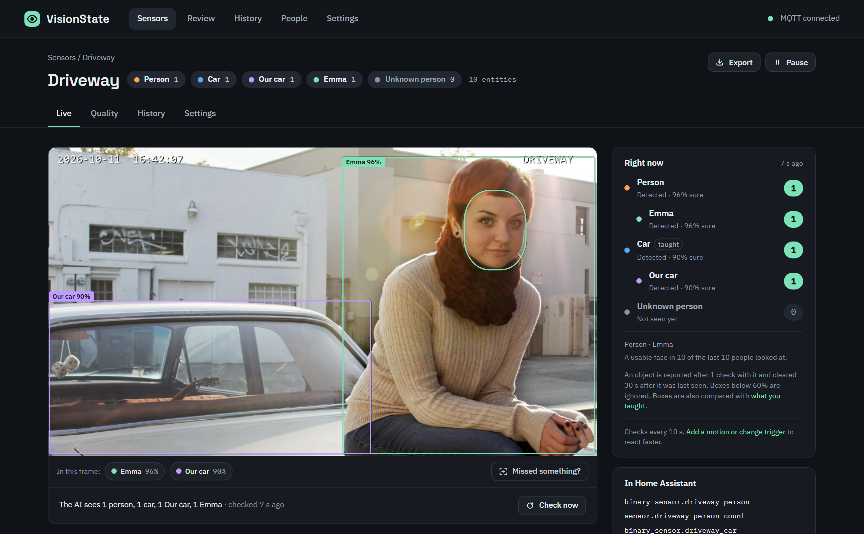 An object sensor recognising Emma by her face and telling our car from any car