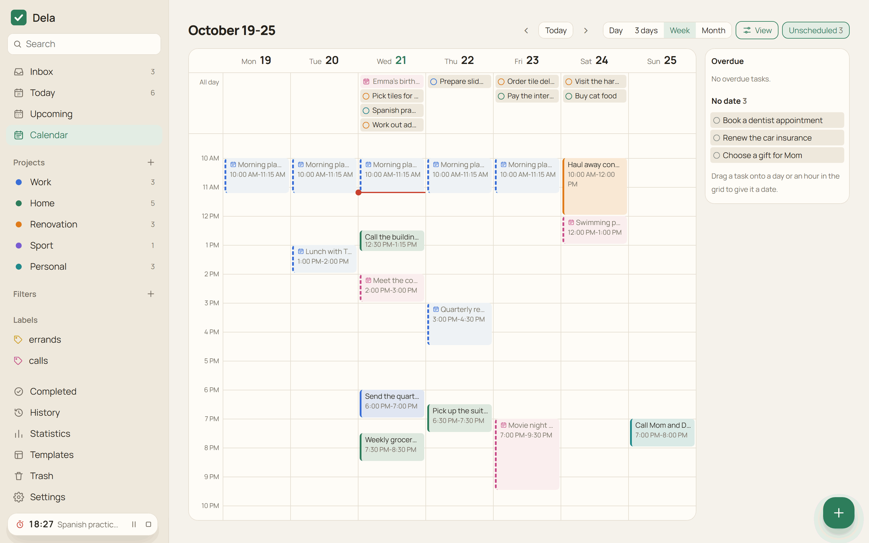 Week calendar with tasks, calendar events and the Unscheduled panel