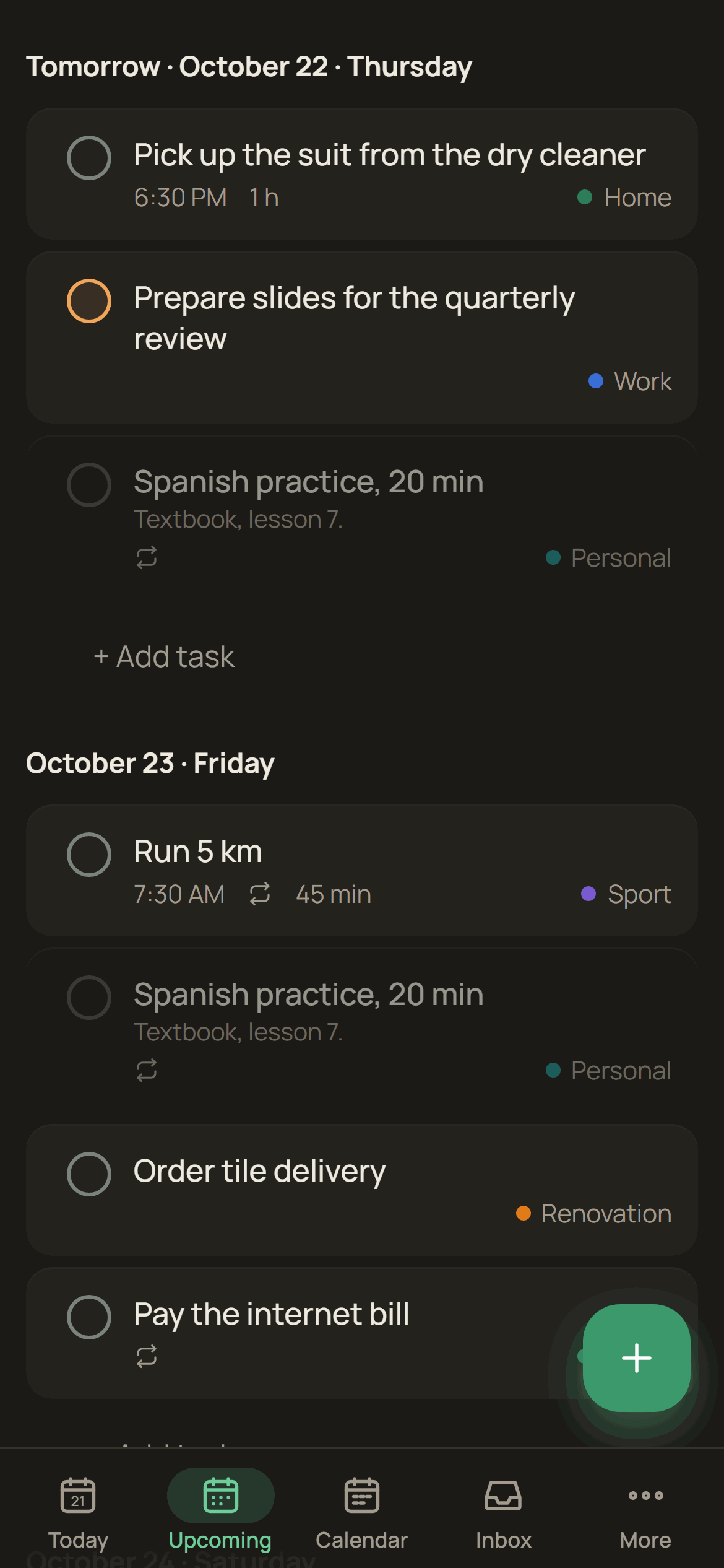 Upcoming on a phone in the dark theme