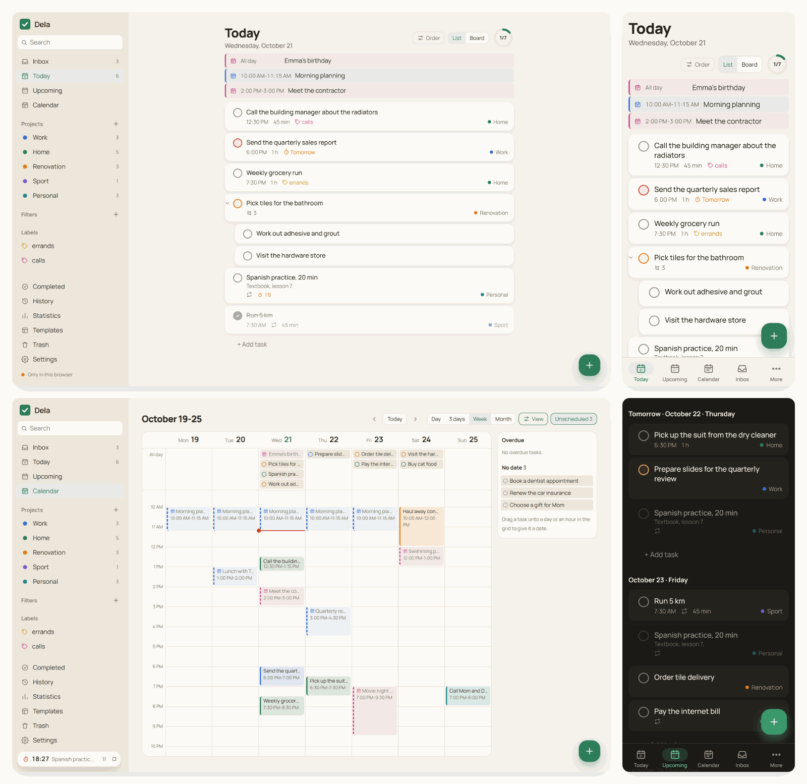 Today and the week calendar on a computer, Today and Upcoming in the dark theme on a phone