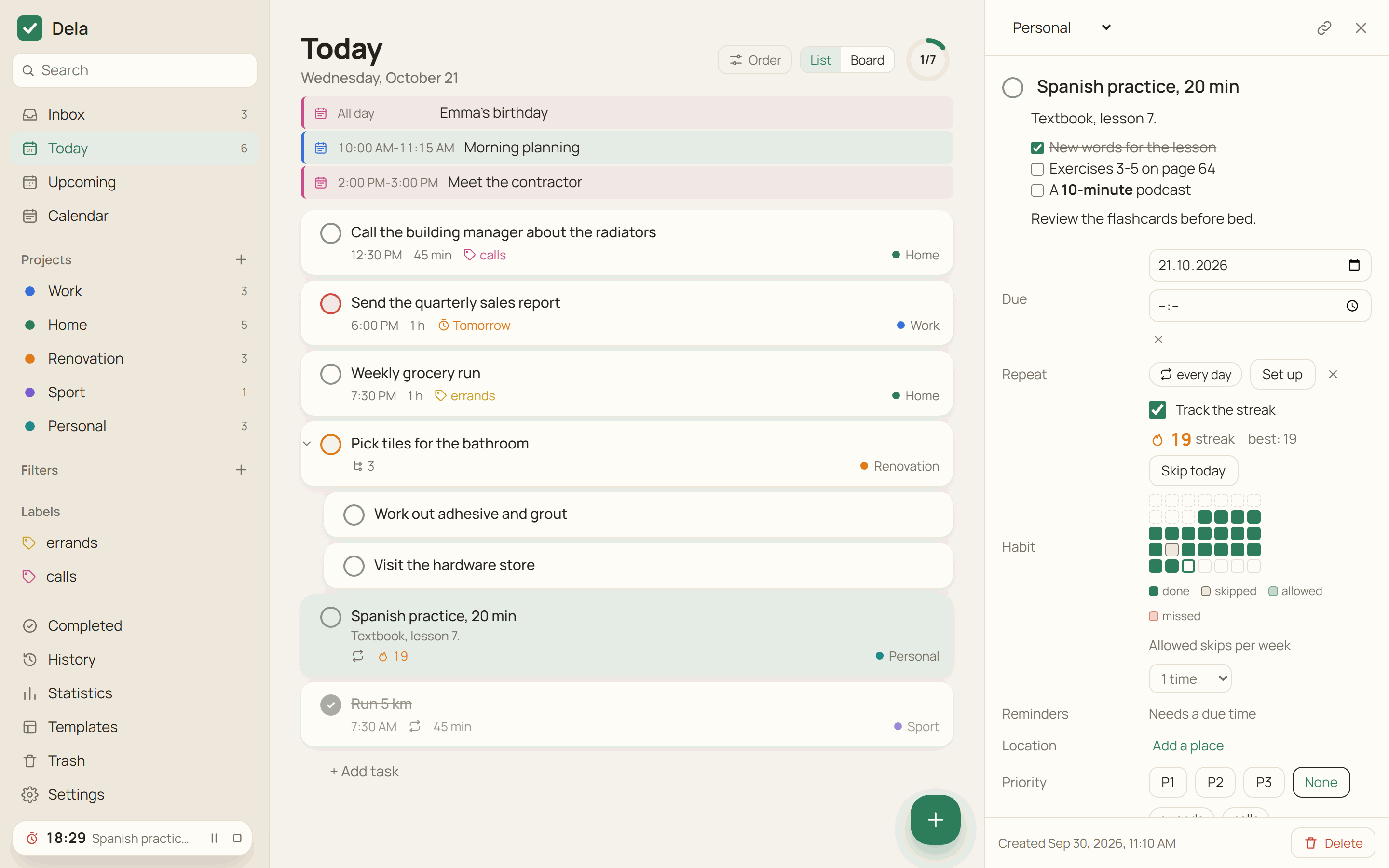 Task card with a Markdown checklist, a habit streak and a running Pomodoro timer
