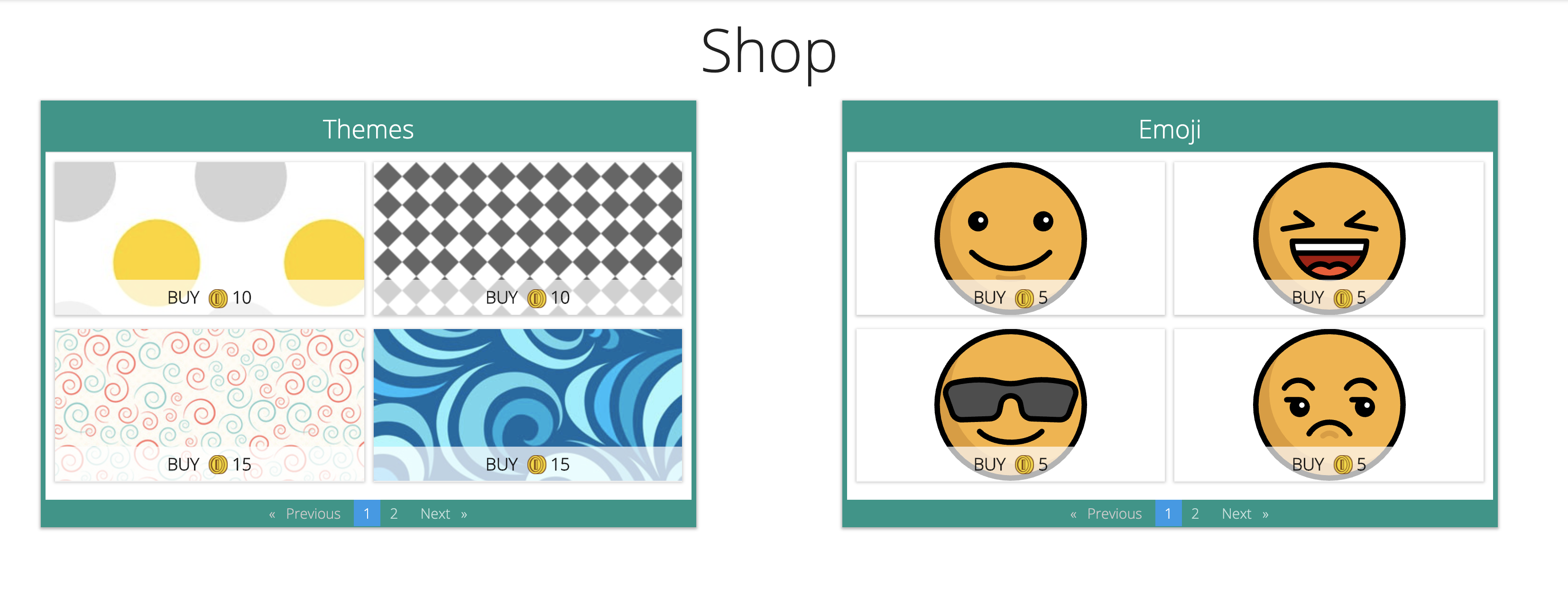 Shop page contains emojis and website background/themes